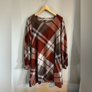 R & K Long Sleeve Plaid Tartan Swing Dress Size 12